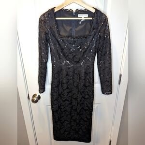 DRESS the Population Midi Dress Black Long Sleeve Sequins Square Neck XS